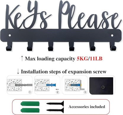 Keys Please Holder on Wall,Key Holder Wall Mounted,Black Metal Decorative Key Rack Hooks for Garage, Mudroom, Hallway,Entryway,Front Door,Office (Normal Size:11x4.57inches)