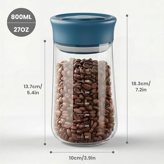 LAKUMIQI Overnight Oats Containers with Lids, 27oz Glass Jars with Airtight Lids, One-Hand 90° Twist-Off Wide Mouth Food Storage for Coffee Bean, Chia Pudding, Meal Prep, Pantry, Blue