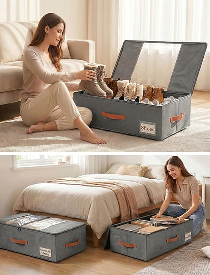 TOSKING 2-Pack Under Bed Storage Drawers with Wheels, 6 Vacuum Bags, 7.9" Height, Large 65L/80 lbs Clear Lid Rolling Bin, 900D Oxford, Space Saver for Dorm Bedroom, Blankets, Clothes, Shoes, Gray