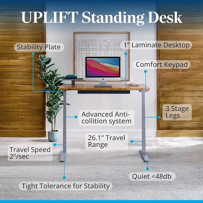 UPLIFTDESK V3 2-Leg Black Laminate Wood Standing Desk – Adjustable Height, Advanced 1-Touch Memory Keypad, Under Desk Cable Management, Wire Grommets & Rocker Board (Black C-Frame, 42 x 30 inch)