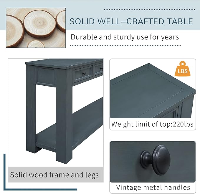 LKTART Solid Wood Console Table, Long Sofa Table Entryway Table with 4 Drawers and Bottom Shelf for Hallway Living Room Couch Table,Easy Assembled (63" Navy)