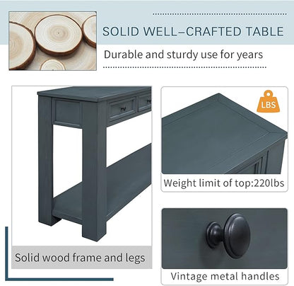 LKTART Solid Wood Console Table, Long Sofa Table Entryway Table with 4 Drawers and Bottom Shelf for Hallway Living Room Couch Table,Easy Assembled (63" Navy)