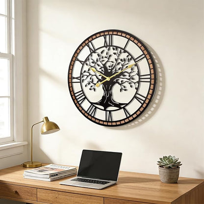 Axioglo Wall Clock,24" Large Wall Clock for Living Room Decor,Tree of Life and Wooden Frame Design,Non-Ticking Battery Operated,for Dining Room,Bedroom,Kitchen,Office Arabic Decoration