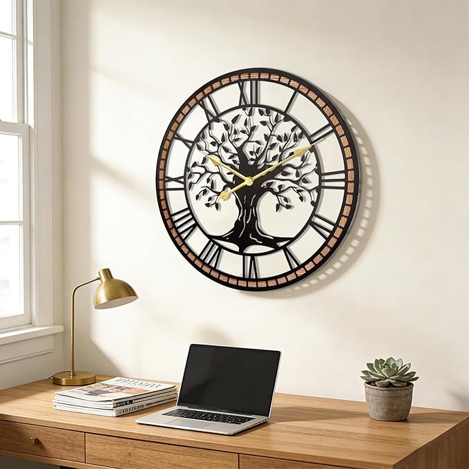Wall Clock,20" Large Wall Clock for Living Room Decor,Tree of Life and Wooden Frame Design,Non-Ticking Battery Operated,for Dining Room,Bedroom,Kitchen,Office Arabic Decoration