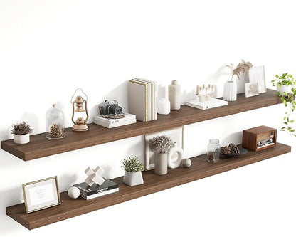 Acovy 72 Inch Floating Shelves, 8 Inch Deep Floating Shelves for Wall, Hanging Shelf with Invisible Brackets, Deep Shelves for Bathroom, Bedroom, Living Room, Walnut, Set of 2
