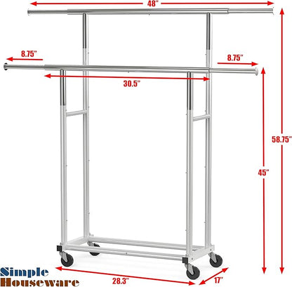 Simple Houseware Standard Double Rod Garment Rack, Silver