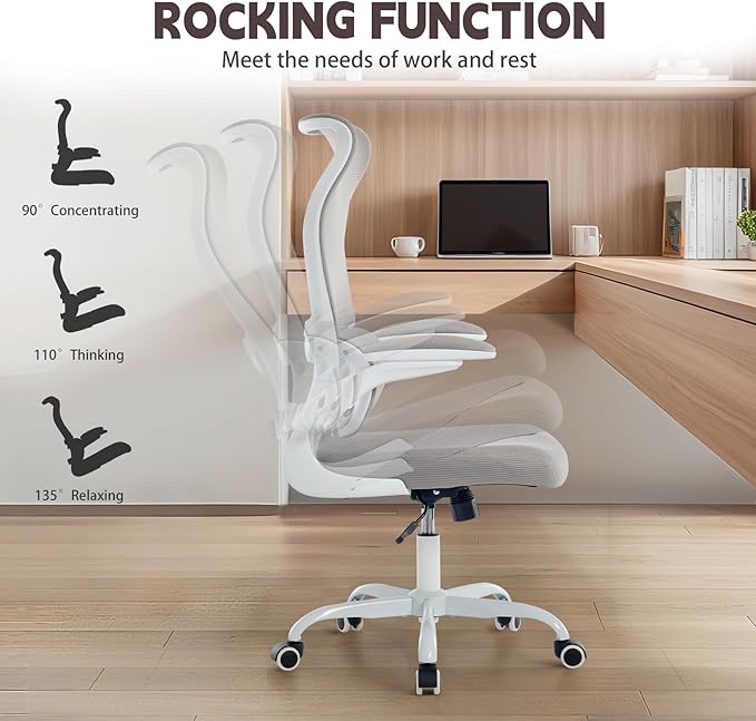 Ergonomic Office Chair, High Back Breathable Mesh Computer Desk Chair with Adjustable Lumbar Support and Flip-Up Armrests, 300LB Capacity Executive Swivel Task Gaming Seat for Home and Office (White)