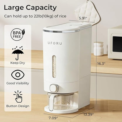 UFORU Rice Dispenser, Rice Storage Container with Measuring Cup for Kitchen Pantry Household, Cereal Dry Food Storage Containers Airtight, Sealed Moisture Proof (White 22 Lbs)