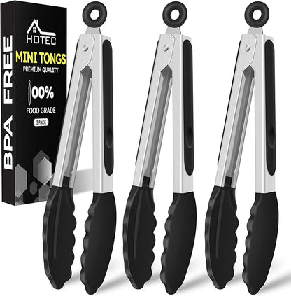 Hotec Mini Silicone Kitchen Tongs for Cooking - 7-Inch Small Serving Tongs with Silicone Tips, Set of 3 (Black)