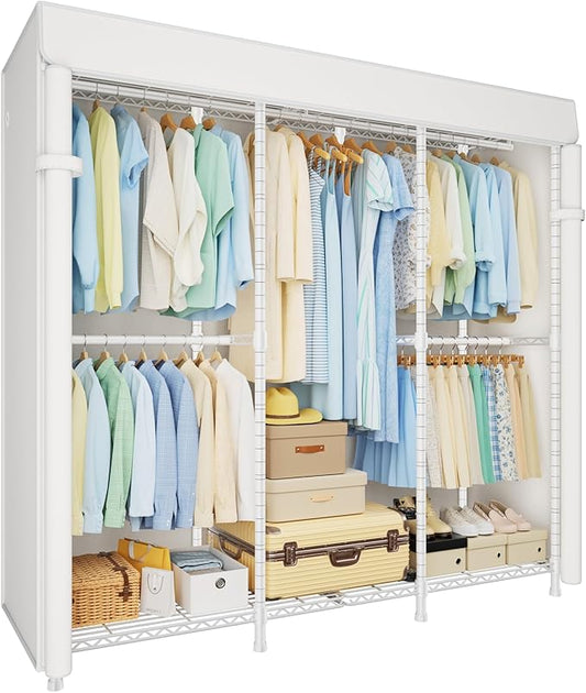 ULIFHOME E14C Heavy Duty Closet Organizer System，Freestanding Clothing Racks for Hanging Clothes，Adjustable Garment Rack 58" W × 16" D × 77" H Hold 860 lbs，White Rack with White Cover