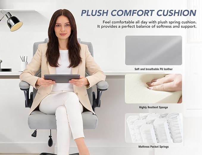 Office Chair with Adjustable Inflatable Lumbar Support,Leather Ergonomic Computer Desk Chair with Flip-up Arms,Adjustable Tilt Lock,Swivel Rolling Executive PC Chair for Work,Study,Meeting.Grey