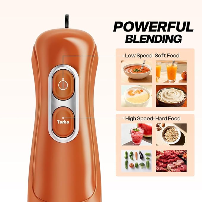 Turelar Immersion Blender Handheld, Corded Electric Blenders Portable Stick Mixer with 2 Mixing Speed and Stainless Steel Blades Emulsifier for Effortless Blending Soup, Smoothies, Puree or Baby Food