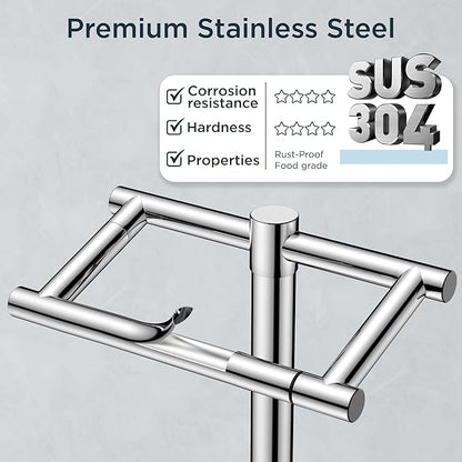 FORIOUS Toilet Paper Holder Wall Mount, Stainless Steel Rustproof Double Post Pivoting Tissue Roll Holder for Bathroom, Commercial Toilet Paper Dispenser Freestanding Toilet Paper Stand, Chrome