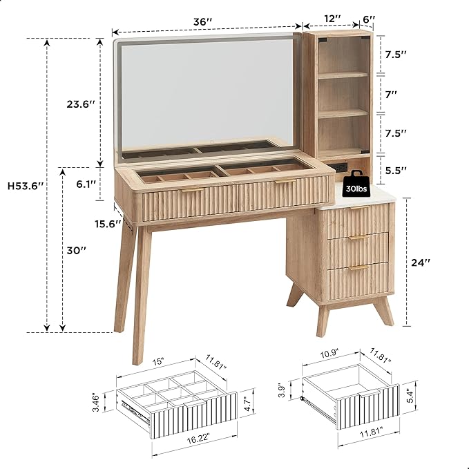 RedLemon 48" Fluted Vanity Desk with 36" Large HD Mirror and Lights, Modern Wood Glass Tabletop Makeup Table with Adjustable Storage Shelves, 5 Drawers, Charging Station for Bedroom, Natural Oak