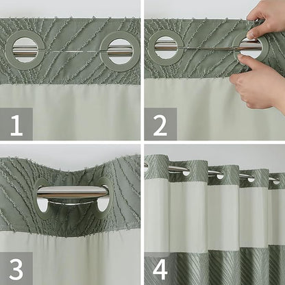 no Hook Shower Curtain and Liner Set，Boho Style with See Through Top Window, SageGreen Fabric Tufted Striped Textured Outer Curtain & Waterproof Inner Liner, SageGreen, 71Wx86H