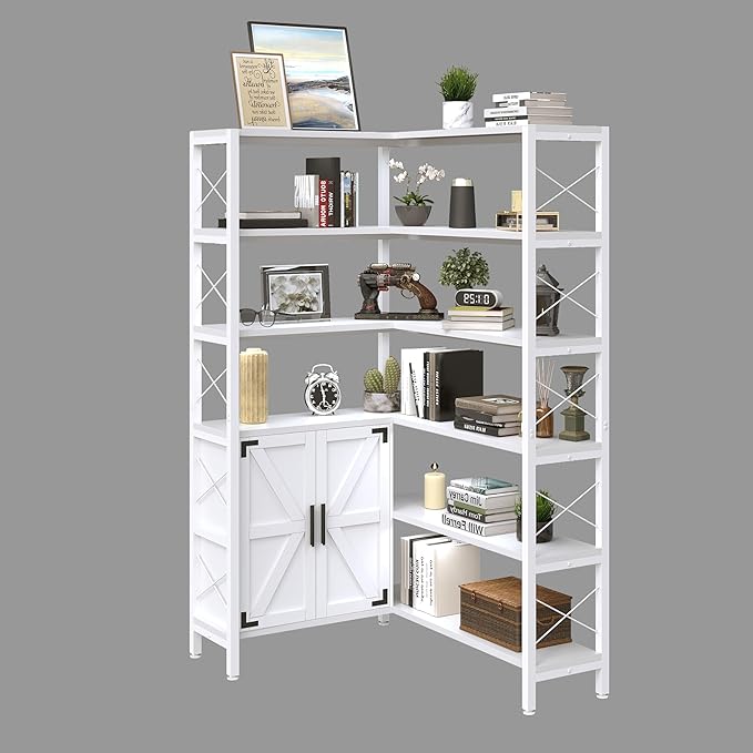 Jartoil Corner Bookshelves 6 Tier, Farmhouse Wooden Bookcases for Corner, L Shaped Etagere Bookshelf with Storage for Living Room Home Office