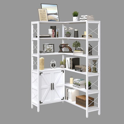 Jartoil Corner Bookshelves 6 Tier, Farmhouse Wooden Bookcases for Corner, L Shaped Etagere Bookshelf with Storage for Living Room Home Office
