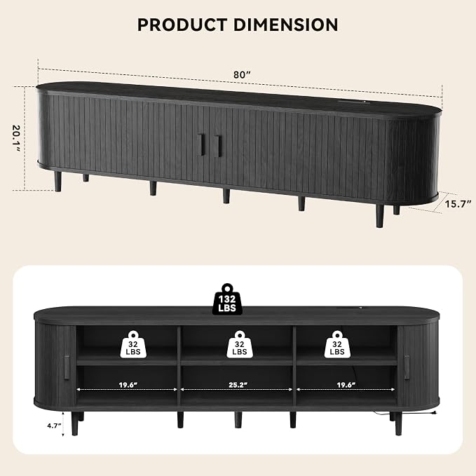 80" Mid Century Modern TV Stand with Power Outlet, Fluted Entertainment Center with Storage and Adjustable Shelves, Wood TV Console with Sliding Doors for Living Room, Black