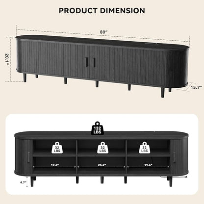 80" Mid Century Modern TV Stand with Power Outlet, Fluted Entertainment Center with Storage and Adjustable Shelves, Wood TV Console with Sliding Doors for Living Room, Black