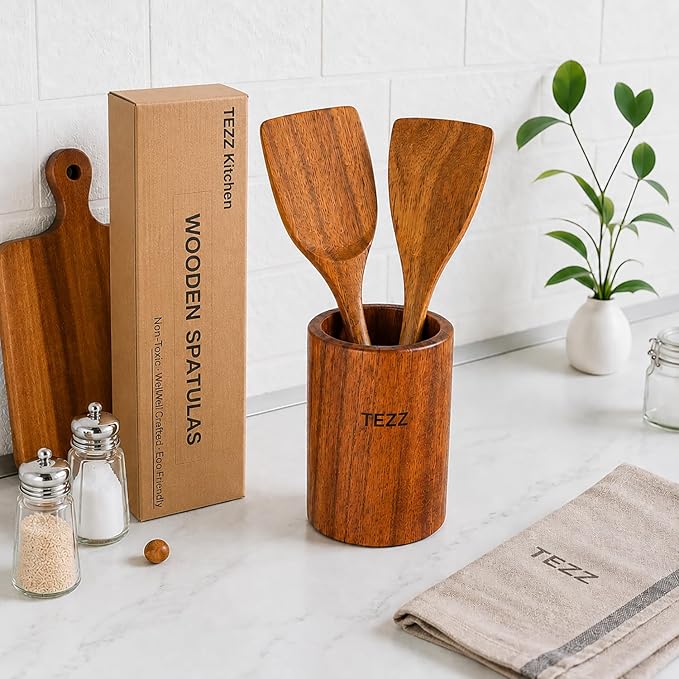 Wooden Spatulas, 2 PCs Natural Acacia Wooden Cooking Utensils Set for Non-stick Pan Kitchen Tool, flipping and Wok Spatula, Wooden Spoons & Spurtle for Cooking