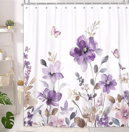 Purple Floral Shower Curtain, Purple Lavender Floral Butterfly Boho Shower Curtains for Bathroom, Farmhous Flower Cute Fabric Shower Curtain Set with 12PCS Hooks, 70X75IN