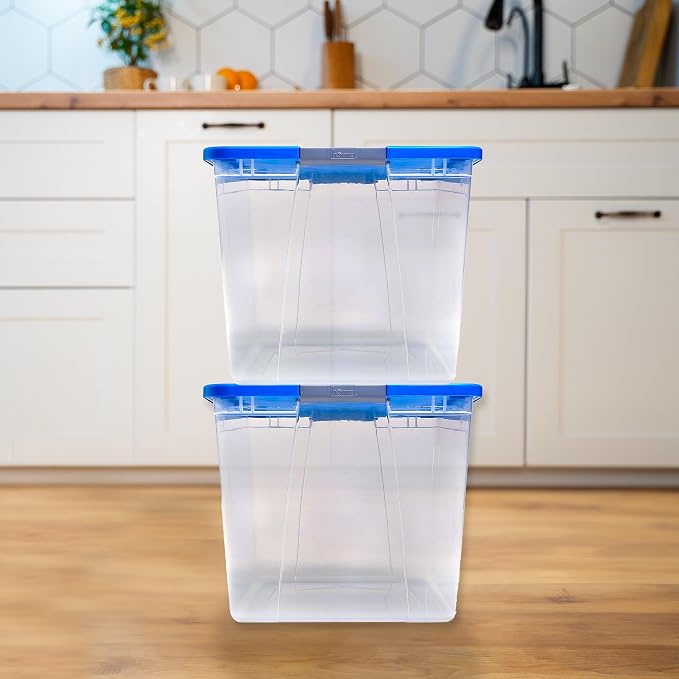 HOMZ Clear Plastic Storage Bins with Snaplock Secure Latching Lids | Easy Grip Handles | Stackable & Nestable Organizing Totes | Blue Lid | 64 Quart, Pack of 2
