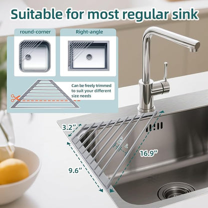 Ohuhu Triangle Roll Up Dish Drying Rack, Silicone Wrapped Steel Anti-Slip Sink Corner Rack Caddy Multipurpose Strainer for Kitchen Sink Trivet Space-Saving