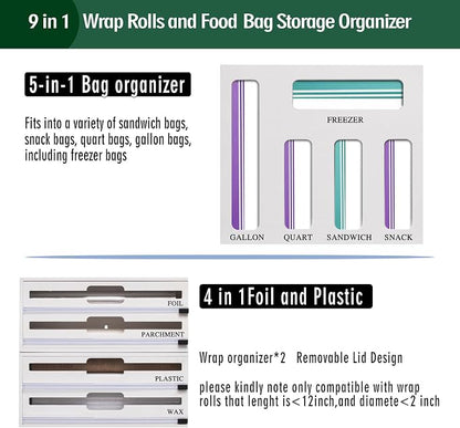 9 In 1 Storage Bag Organizer And Plastic Wrap Dispenser With Cutter, Bamboo Foil and Plastic Wrap Organizer