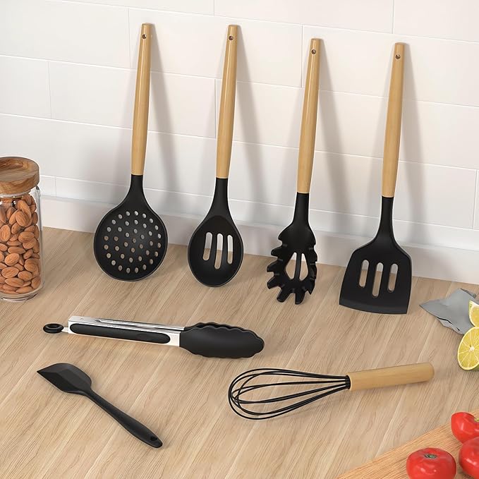 oannao Silicone Cooking Utensils Set Utensil Sets - 446°F Heat Resistant Silicone Kitchen Utensils Set Wooden Handles, Silicone Utensils for Cooking w Holder for Non-Stick Cookware BPA FREE (Black)