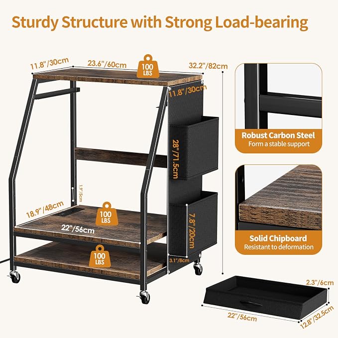Housolution Large Printer Stand, 3 Tier 22 x 18 Inch Mobile Printer Table with Charging Station & Adjustable Storage Shelf, Rolling Printer Cart with Wheels, Printer Stand with storage for Home Office
