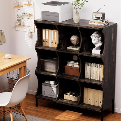 9 Cube Book Shelf, Low and Short Bookshelf, Long Cube Storage Organizer Wood TV Stand, Toy Organization DVD Cabinets for Living Room, Office, Bedroom, Dorm, Dark Brown with Dark Brown Top