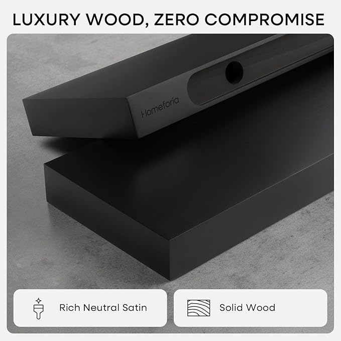 Homeforia Black Floating Shelves 36 inches Long, High End Solid Real Wood 36 inch Floating Shelf for Wall Mounted, Black Wooden 36in Floating Shelves, Heavy Duty Bracket, 36 X 6.5 X 1.75 in, Set of 3