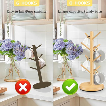 Mug Holder Tree,New Upgraded 360° Rotated 8 Hooks Coffee Cup Holder for Counter,Wood Coffee Mug Rack Standing for Coffe e Bar Accessories and Kitchen Home Organizer(Natural)