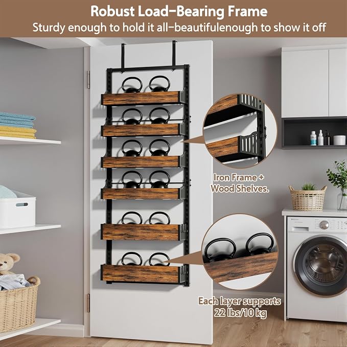 Over the Door Pantry Organizer: Pantry Organization and Storage with Hanging Basket - 6-Tier Adjustable Shelves Metal Spice Rack for Kitchen Laundry Room Bedroom & Bathroom