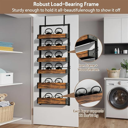 Over the Door Pantry Organizer: Pantry Organization and Storage with Hanging Basket - 6-Tier Adjustable Shelves Metal Spice Rack for Kitchen Laundry Room Bedroom & Bathroom