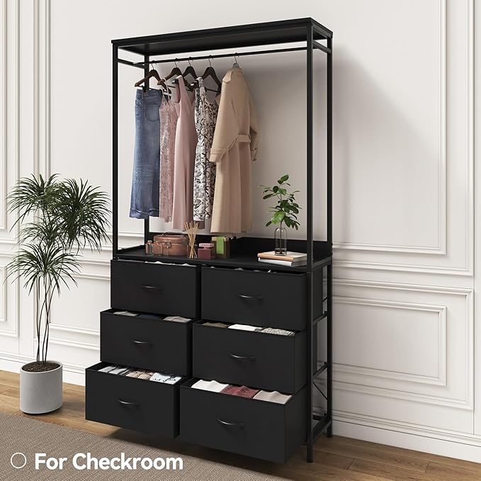 6 Dresser Drawer with Hanging Rack, 2-in-1Tall Dresser for Bedroom/Closet, Fabric Dressers & Chests of Drawers, Sturdy Alloy Steel Frame, Space Saving Closet Organizer