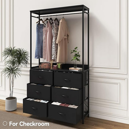 6 Dresser Drawer with Hanging Rack, 2-in-1Tall Dresser for Bedroom/Closet, Fabric Dressers & Chests of Drawers, Sturdy Alloy Steel Frame, Space Saving Closet Organizer