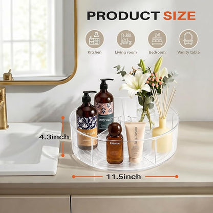 Divided Lazy Susan Turntable Organizer, 11.5" Clear Round Plastic Lazy Susan Turntable, Rotating Storage Container Tray for Pantry, Fridge and Kitchen