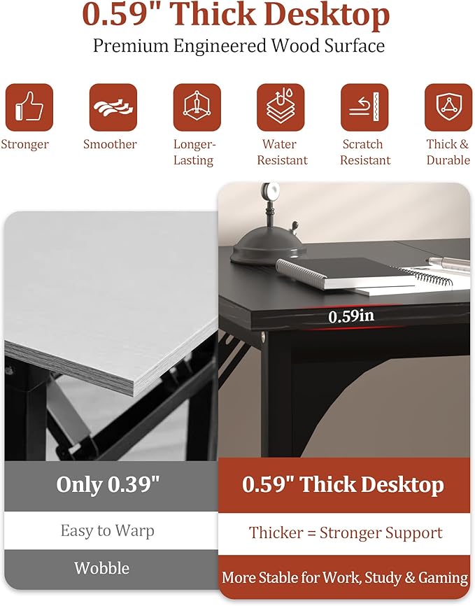 Computer Desk, 55.1" Office Desk, Extra Wide 23.62” Deep Desktop, 0.59” Thick Heavy-Duty Home Office Desks, Office Table with Steel Frame, Modern Wood PC Desk for Bedroom Study Writing Gaming Work
