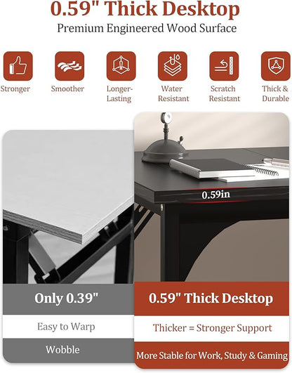 Computer Desk, 55.1" Office Desk, Extra Wide 23.62” Deep Desktop, 0.59” Thick Heavy-Duty Home Office Desks, Office Table with Steel Frame, Modern Wood PC Desk for Bedroom Study Writing Gaming Work