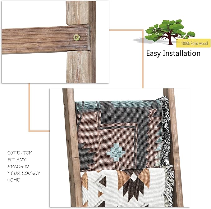 FUIN 6.4ft Extra Wide Wooden Blanket Ladder Living Room Decorative Wal Leaning Farmhouse Quilt Display Holder Rustic Wood Towel Rack for Bathroom, Burnt Brown, 18.5 inch Wide