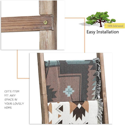 FUIN 6.4ft Extra Wide Wooden Blanket Ladder Living Room Decorative Wal Leaning Farmhouse Quilt Display Holder Rustic Wood Towel Rack for Bathroom, Burnt Brown, 18.5 inch Wide