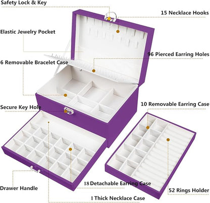 QBestry Earrings Jewelry Box for Girls, 5 Layers Jewelry Organizer with Earring Holder Organizer for Girls Earring Organizer Jewelry Boxes for Women Earrings and Necklaces Jewelry Box Organizer Purple
