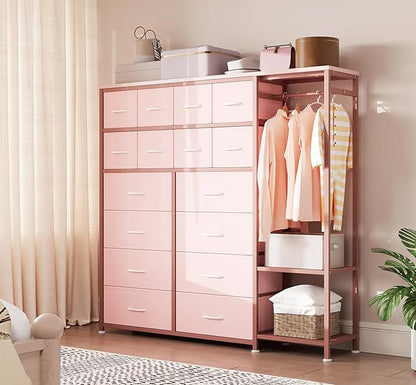 GarveeHome Dresser with 16 Drawers & Hanging Rod & Shelves, Fabric Storage Organizer for Bedroom, Closet, or Entryway