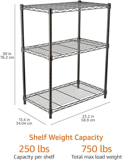 Amazon Basics 3-Shelf Adjustable Heavy Duty Steel Wire Rack Storage Shelving Organizer with Storage Space, Versatility and Ease of Use for Kitchen, Garage, 23.2" L x 13.4" W x 30" H, Black