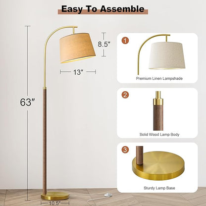63" Wood Floor Lamps for Living Room with Foot Switch Arc Tall Standing Lamp for Bedroom Mid Century Modern Corner Gold Floor Lamps for Office Nursery Industrial Reading Lamp, Chestnut