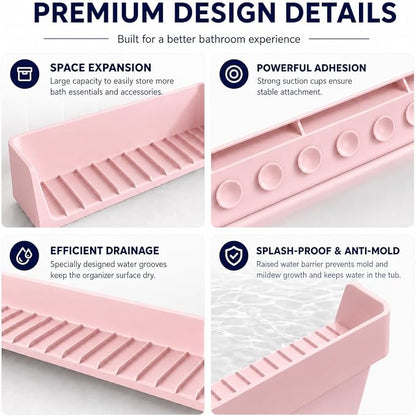 Bathtub Splash Guard for Tub Kids, Silicone Bath Toy Holder & Tub Side Tray with Suction Cups, Bath Tub Shelf for Kids, Bathtub Toy Storage, Pink