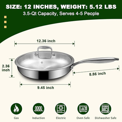 EWFEN 12 Inch Tri-Ply Stainless Steel Frying Pan, Compatible with All Cooktops Up to 600℉, Large Frying Pan with lids, Induction-Ready Skillet, Dishwasher and Oven Safe, Even Heat, 12" Skillet + Lid