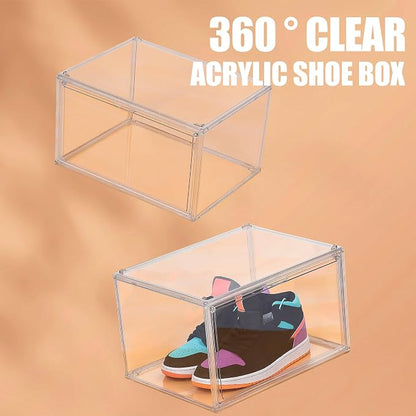BVBOX 12 Pack Acrylic Shoe Storage Boxes with Magnetic Door - 360° Clear Stackable Shoe Display Box Set, Plastic Shoe Cabinet Rack Box for Sneakers Heels Shoes (12, Clear, XL - Side Open)