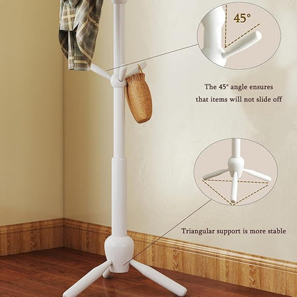 Solid Wood Coat Rack Stand, Morden Heavy Duty Coat Hanger Stand with 9 Hooks, 3 Adjustable Size Sturdy Coat Tree for Living Room, Entryway, Office, Hallway, White